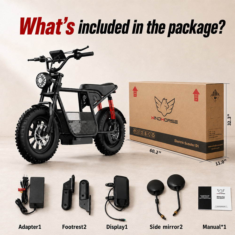 Electric scooter with packaging and accessories on a beige background - windhorse d1