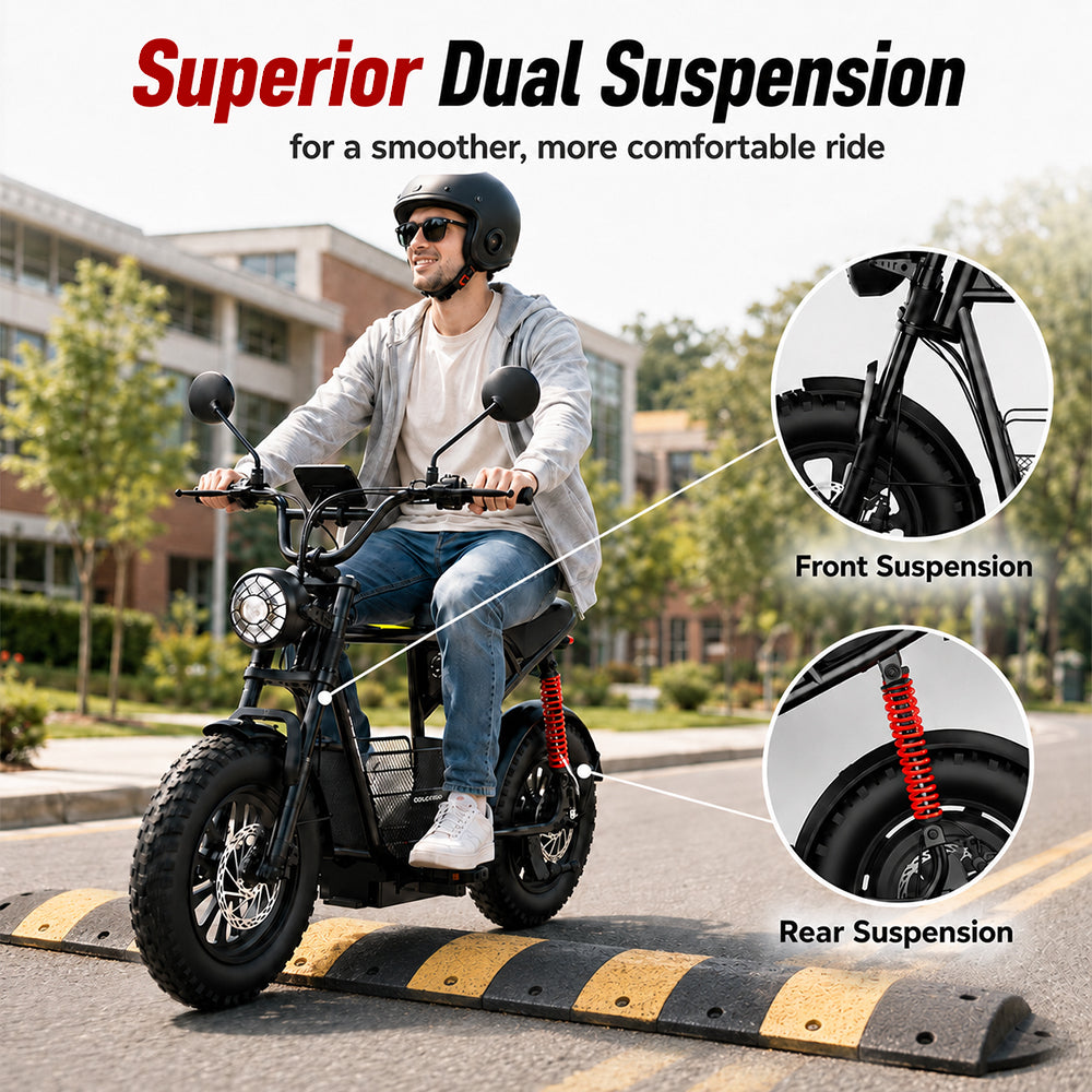 Man riding an electric scooter with superior dual suspension features highlighted - windhorse d1