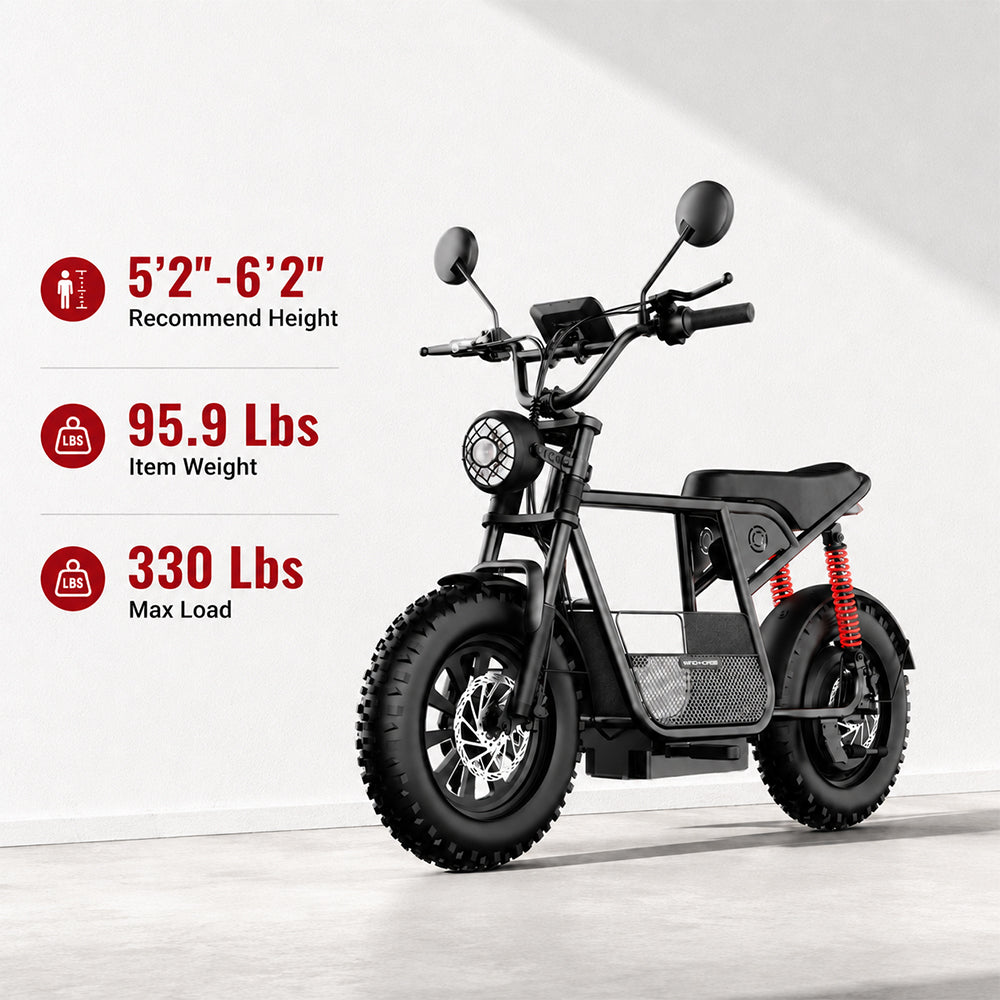 Black electric bike with specifications on a white background - windhorse d1