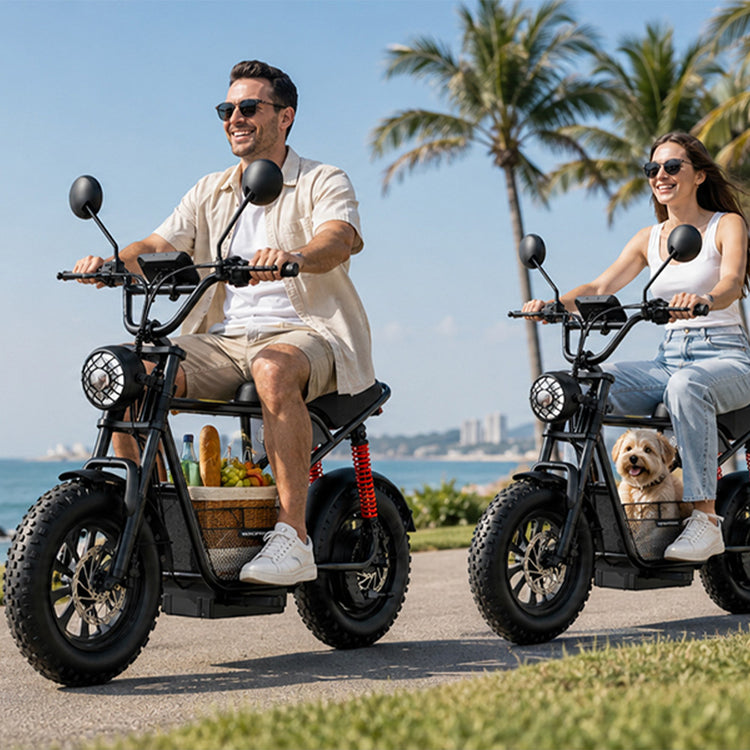Two people riding electric scooters with a dog on a path by the beach.